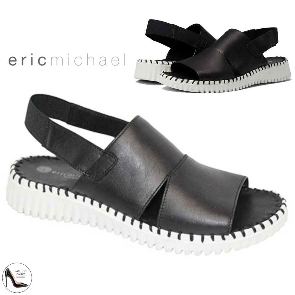 Eric Michael Sola Black Leather slingback women’s sandal white flat sole 39